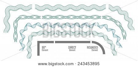 Seamless Guilloche Borders. Set Of Corner, Direct And Rounded Elements. For Certificate Or Diploma, 