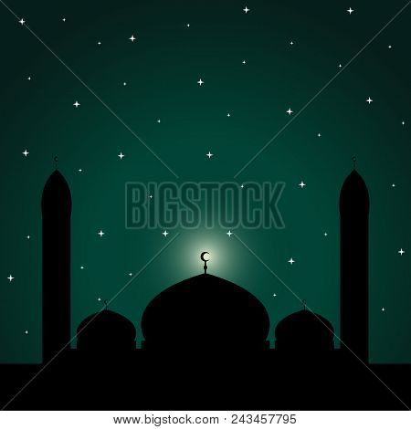 Islamic Mosque Silhouette On Night Sky With Stars Background. Vector Illustration.