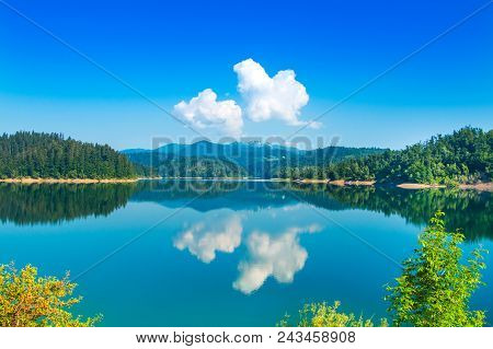 Panoramic View Of Beautiful Lokvarsko Lake With Risnjak Mountain In Background, Beautiful Colorful M