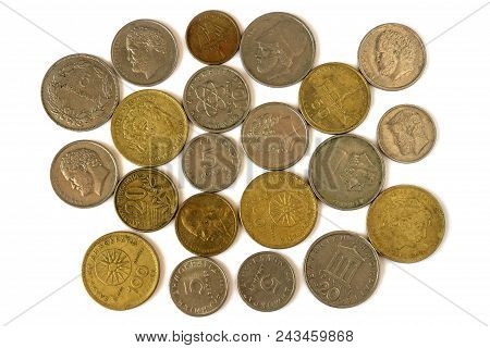 Different Coins Of Old Greek Drachma. Assortment Of Coins- Of One Hundred, Fifty, Twenty, Ten And Fi