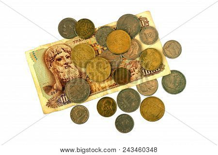 Different Coins Of Old Greek Drachma. Assortment Of Coins- Of One Hundred, Thousand,  Fifty, Twenty,