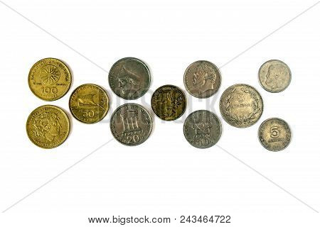 Different Coins Of Old Greek Drachma. Assortment Of Coins- Of One Hundred, Fifty, Twenty, Ten And Fi