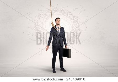Burnout young elegant businessman trying to suicide with doodle concept