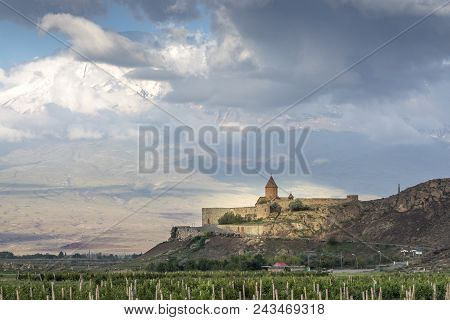 Khor Virap Monastery In A Landscape Of Armenia With Mount Ararat Behind In A Cloud