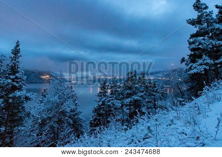 Bridge Over Fjord Hardanger Winter Nightfall Nearly Dark