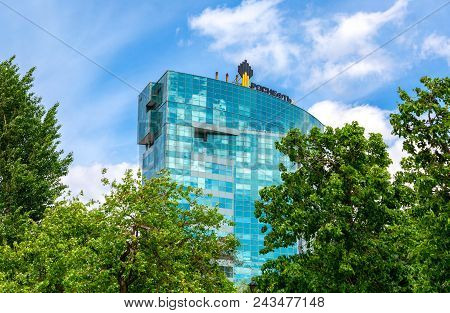 Samara, Russia - June 2, 2018: Emblem Of The Oil Company Rosneft On The Office Building. Rosneft Is 