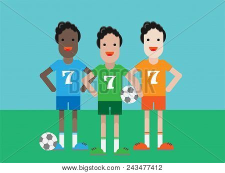 Three Football Players With A Ball In The Stadium