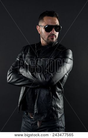 Confident Man Stand With Arms Folded. Bearded Man In Trendy Sunglasses. Fashion Model In Leather Jac
