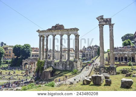 Rome, Italy, Ruins Of The Imperial Forums Of Ancient Rome. Temple Of Saturn