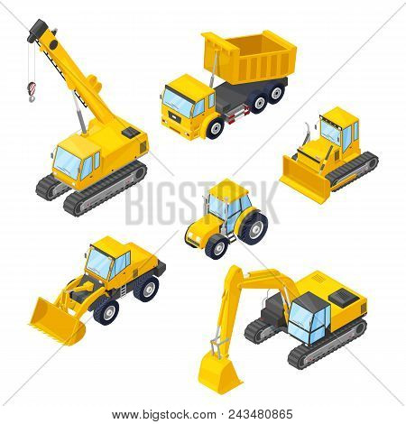 Special Machinery Isolated Icons. Vector 3d Style Isometric Illustrations Of Excavator, Wheel Loader