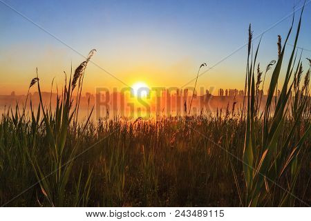 Sunrise Over A Foggy Lake, Bright Colors, Wonders Of Nature
