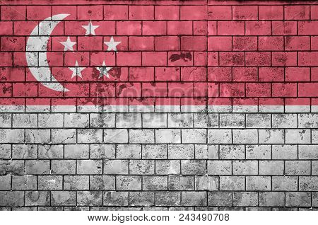 Singapore Flag Is Painted Onto An Old Brick Wall