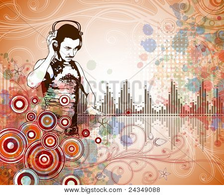 DJ & hudba barvy se smísí - ornament květinové kaligrafie - stylizované orchidejí, barva barva pozadí. Bit