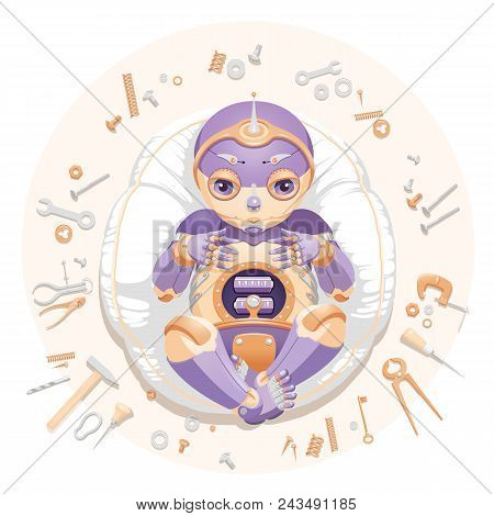 Illustration Of A Baby Robot Lying On A Pillow Surrounded By Tools And Text 