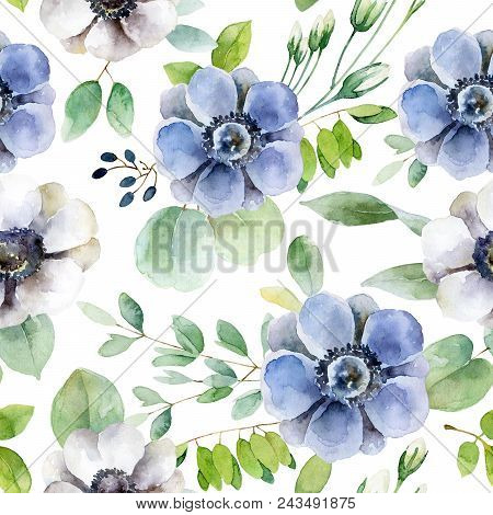 Seamless Pattern With White And Violet Anemones. Watercolor Illustration
