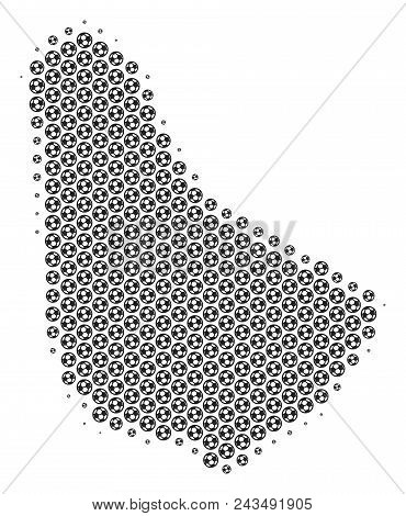 Football Ball Barbados Map. Vector Geographic Plan In Gray Color. Abstract Barbados Map Mosaic Is Ma