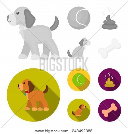 Dog Sitting, Dog Standing, Tennis Ball, Feces. Dog Set Collection Icons In Monochrome, Flat Style Ve