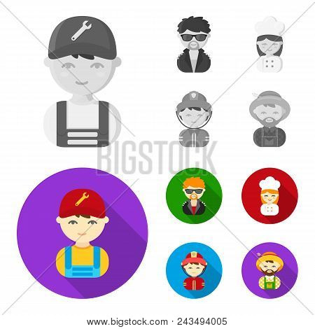 Mechanic, Entertainer, Cook, Fireman.profession Set Collection Icons In Monochrome, Flat Style Vecto
