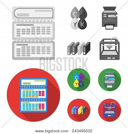 Calendar, Drops Of Paint, Cartridge, Multifunction Printer. Typography Set Collection Icons In Monoc