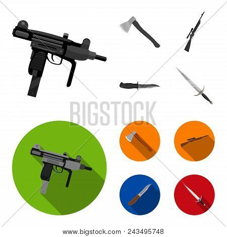 Ax, Automatic, Sniper Rifle, Combat Knife. Weapons Set Collection Icons In Monochrome, Flat Style Ve