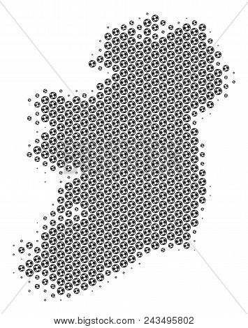 Football Ball Ireland Island Map. Vector Geographic Scheme In Gray Color. Abstract Ireland Island Ma