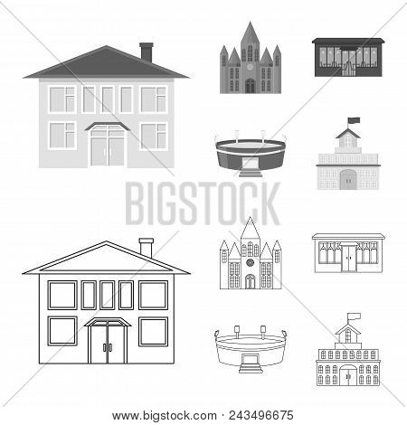 House Of Government, Stadium, Cafe, Church.building Set Collection Icons In Outline, Monochrome Styl