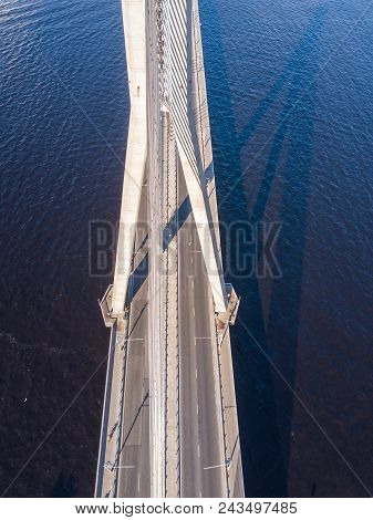 An Aerial View Of The Vansu Bridge Or Suspension Bridge That Spans The River Daugava In The Latvian 