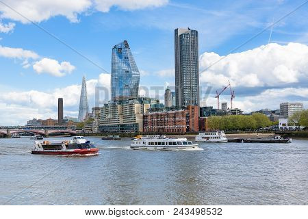 Panorama Of South Bank Of The Thames River In Central London, Uk
