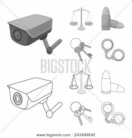 Scales Of Justice, Cartridges, A Bunch Of Keys, Handcuffs.prison Set Collection Icons In Outline, Mo