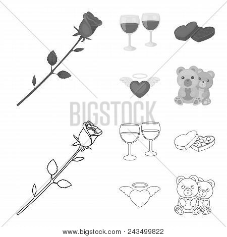 Glasses With Wine, Chocolate Hearts, Bears, Valentine.romantik Set Collection Icons In Outline, Mono