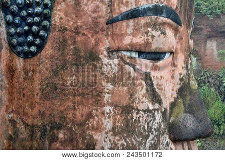The Detail Of Leshan Giant Buddha 71 Meters Tall Stone Statue Carved Out Of The Cliff, Faces Conflue