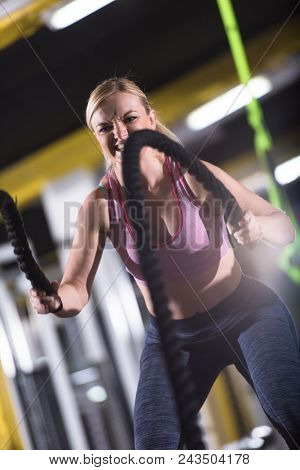 young fit athlete woman working out in functional training gym doing  battle ropes exercise as part of cross fitness training