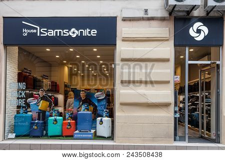 Belgrade, Serbia - May 21, 2018: Samsonite Logo On Their Shop In Belgrade. Samsonite International I