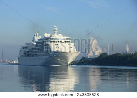 Velsen, The Netherlands - June 18th 2017: Silver Whisper- Silversea Cruises On North Sea Channel Tow