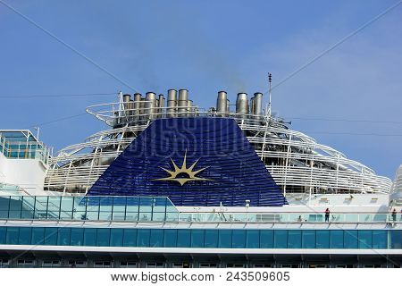 Velsen, The Netherlands - May 29th, 2018: Azura P & O Cruises On North Sea Canal Towards Amsterdam. 
