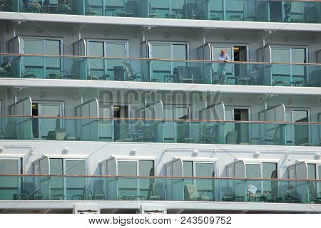 Velsen, The Netherlands - May 29th, 2018: Azura P & O Cruises On North Sea Canal Towards Amsterdam. 