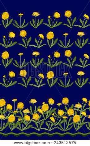 Seamless Border With Dandelions Isolated On Dark Blue. Excellent Print For Greeting Cards, Clothes, 