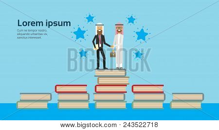 Arabic Businessman Shaking Hands In Business And Traditional Clothes On Books Stack, Full Length Bus