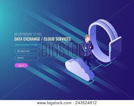 Concept Of Cloud Server Data Exchenge, Cloud Services, Smart Watch With Businessman, Global Network,