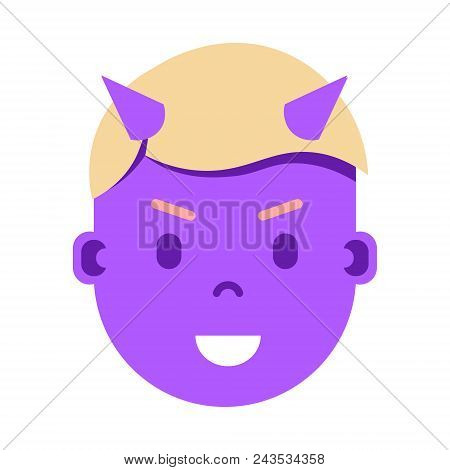 Boy Head Emoji Personage Icon With Facial Emotions, Avatar Character, Man Devil Face With Different 