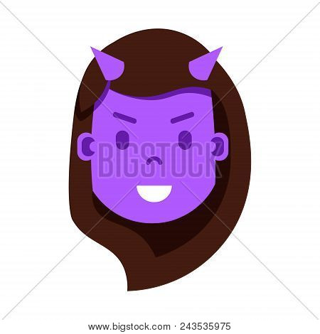 Girl Head Emoji Personage Icon With Facial Emotions, Avatar Character, Woman Devil Face With Differe