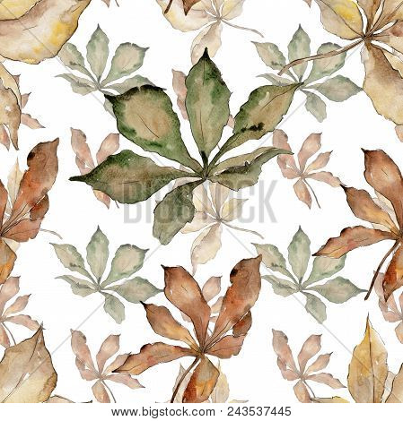 Autumn Chestnut Leaves. Leaf Plant Botanical Garden Floral Foliage. Seamless Background Pattern. Aqu