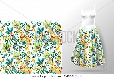 Seamless Vertical Fantasy Flowers Border Pattern. Hand Draw Floral Background On Dress Mockup. Vecto