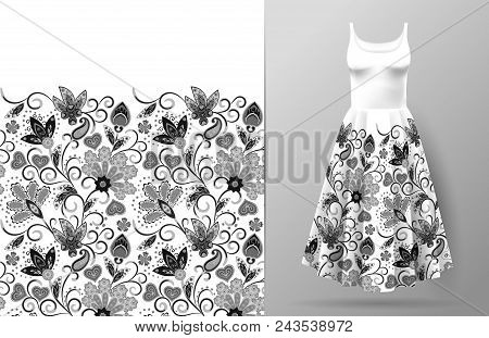 Seamless Vertical Fantasy Flowers Border Pattern. Hand Draw Floral Background On Dress Mockup. Vecto