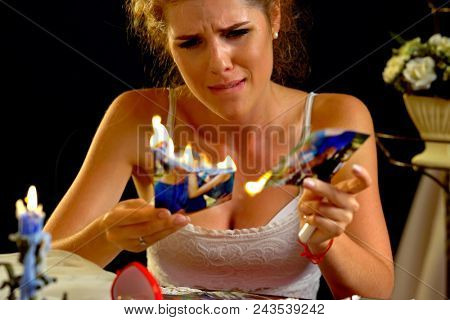 Wedding memories. Broken heart woman. Couple break up. Sad bride on unhappy wedding. Woman and groom quarrel. Portrait crying female. Family has divorce. Pain of betrayal, bitterness.