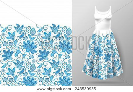 Seamless Vertical Fantasy Flowers Border Pattern. Hand Draw Floral Background On Dress Mockup. Vecto
