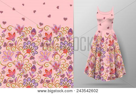 Seamless Vertical Fantasy Flowers Pattern. Hand Draw Floral Background On Dress Mockup. Vector. Trad