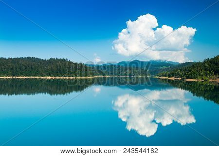 Beautiful Mountain Landscape In Croatia, Lokvarsko Lake With Risnjak Mountain In Background, Reflect