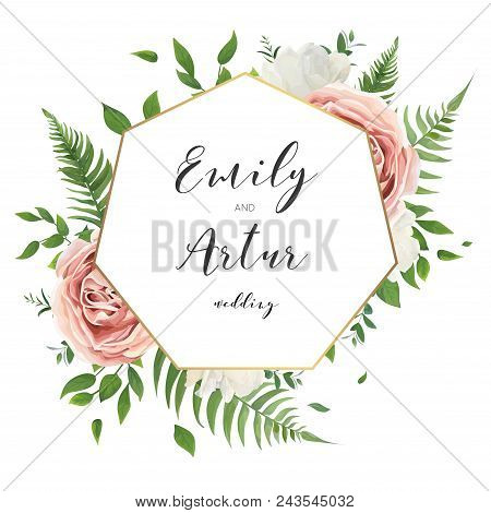 Wedding Floral Invite Save The Date Card Design With Creamy White Garden Peony Flowers, Blush Pink R