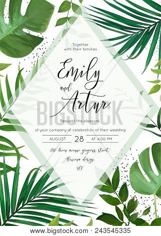Wedding Floral Watercolor Invite, Invitation, Save The Date Card Design With Palm Tree Tropical Bran